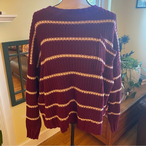 American Eagle Outfitters Sweaters - AMERICAN EAGLE knit burgundy white striped boatneck sweater w/ front pocket XL